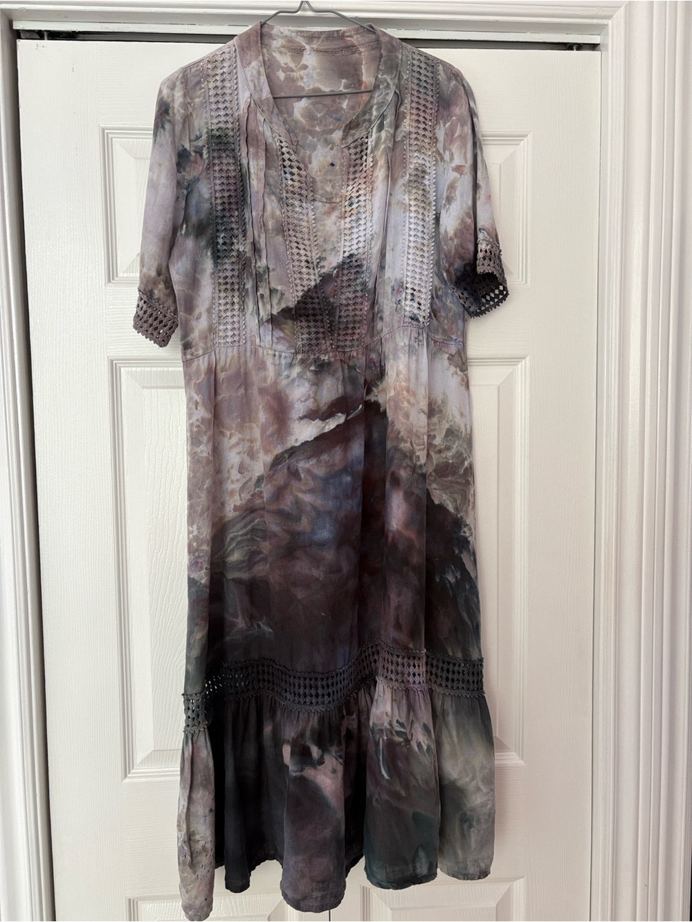 Tie-Dye Linen Midi Dress with Crochet Trim